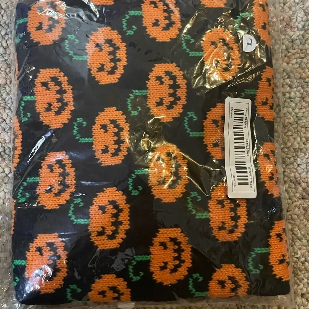 Halloween Pumpkin Dog Sweater Size Large Knit Orange Black Jack O Lantern